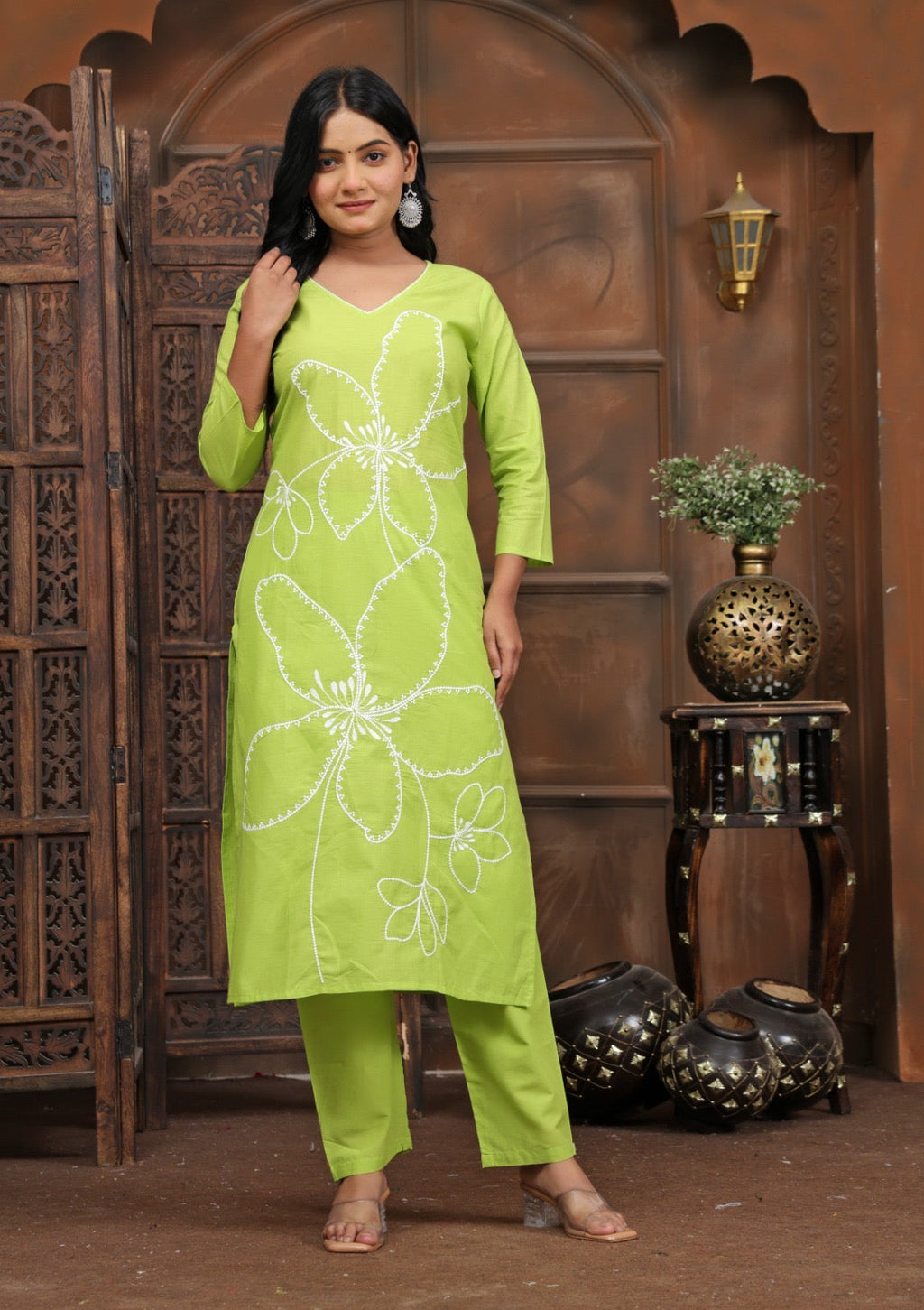 Lime Bloom Floral Kurta Pant Set for Women | Cotton Ethnic Wear