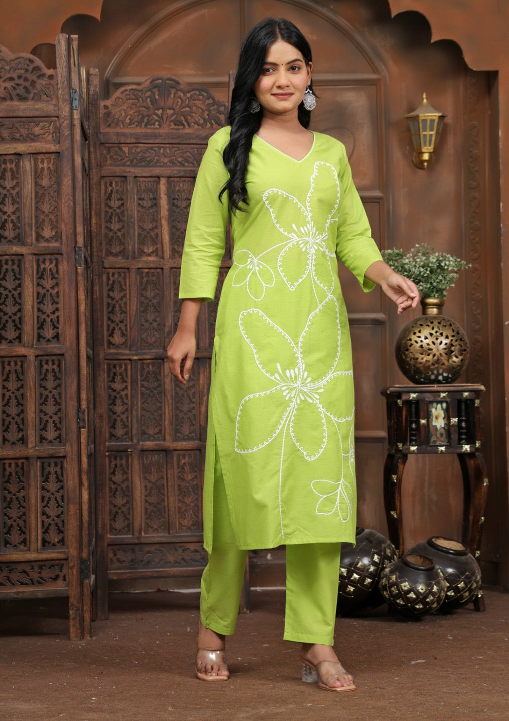 Lime Bloom Floral Kurta Pant Set for Women | Cotton Ethnic Wear