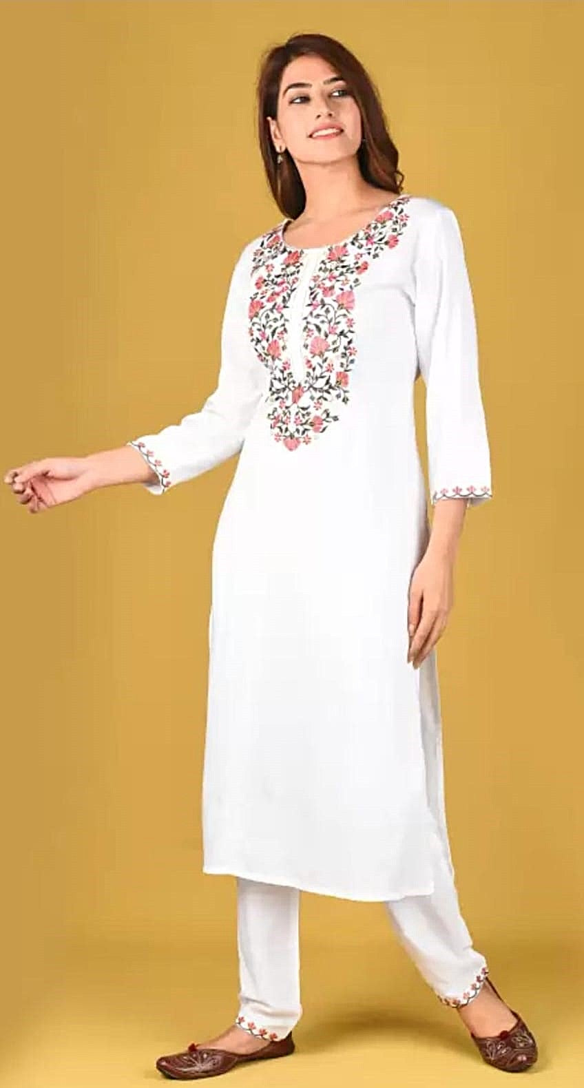 White Floral Embroidered Kurta Set for Women | Straight Kurta with Pants | Ethnic Wear
