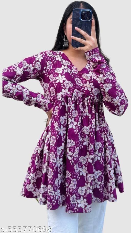 Purple Floral Printed A-Line Kurti for Women | V-Neck Long Sleeve Top