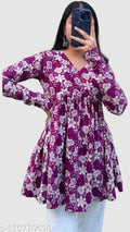 Purple Floral Printed A-Line Kurti for Women | V-Neck Long Sleeve Top