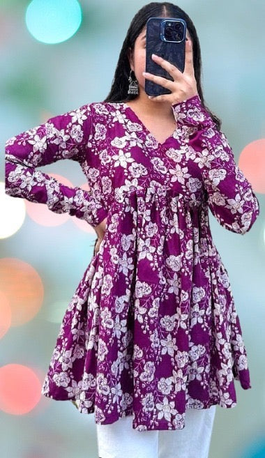 Purple Floral Printed A-Line Kurti for Women | V-Neck Long Sleeve Top