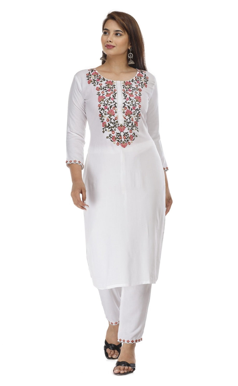 White Floral Embroidered Kurta Set for Women | Straight Kurta with Pants | Ethnic Wear