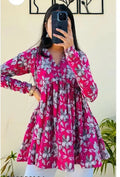 Women’s Pink Floral Printed Flared Tunic Top | V-Neck Long Sleeve Casual Wear Top