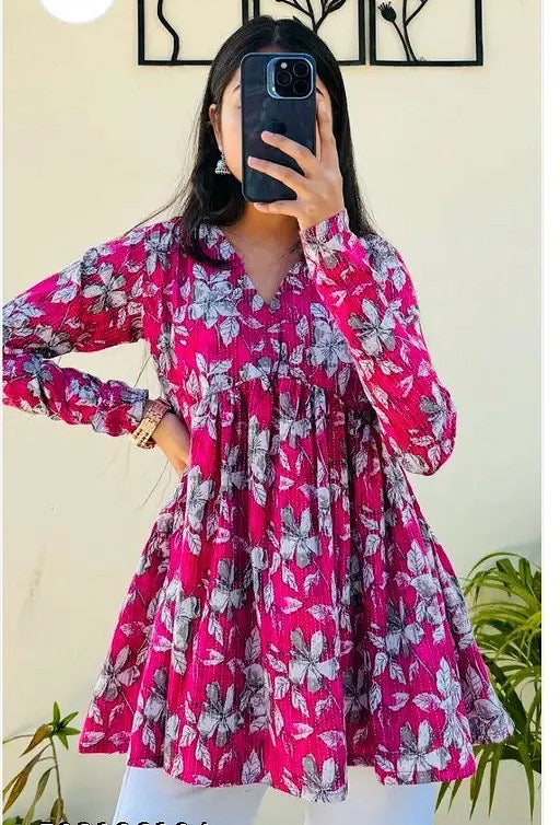 Women’s Pink Floral Printed Flared Tunic Top | V-Neck Long Sleeve Casual Wear Top