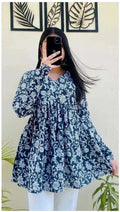 Women’s Navy Blue Floral Printed Flared Tunic Top | V-Neck Long Sleeve Casual Wear Top