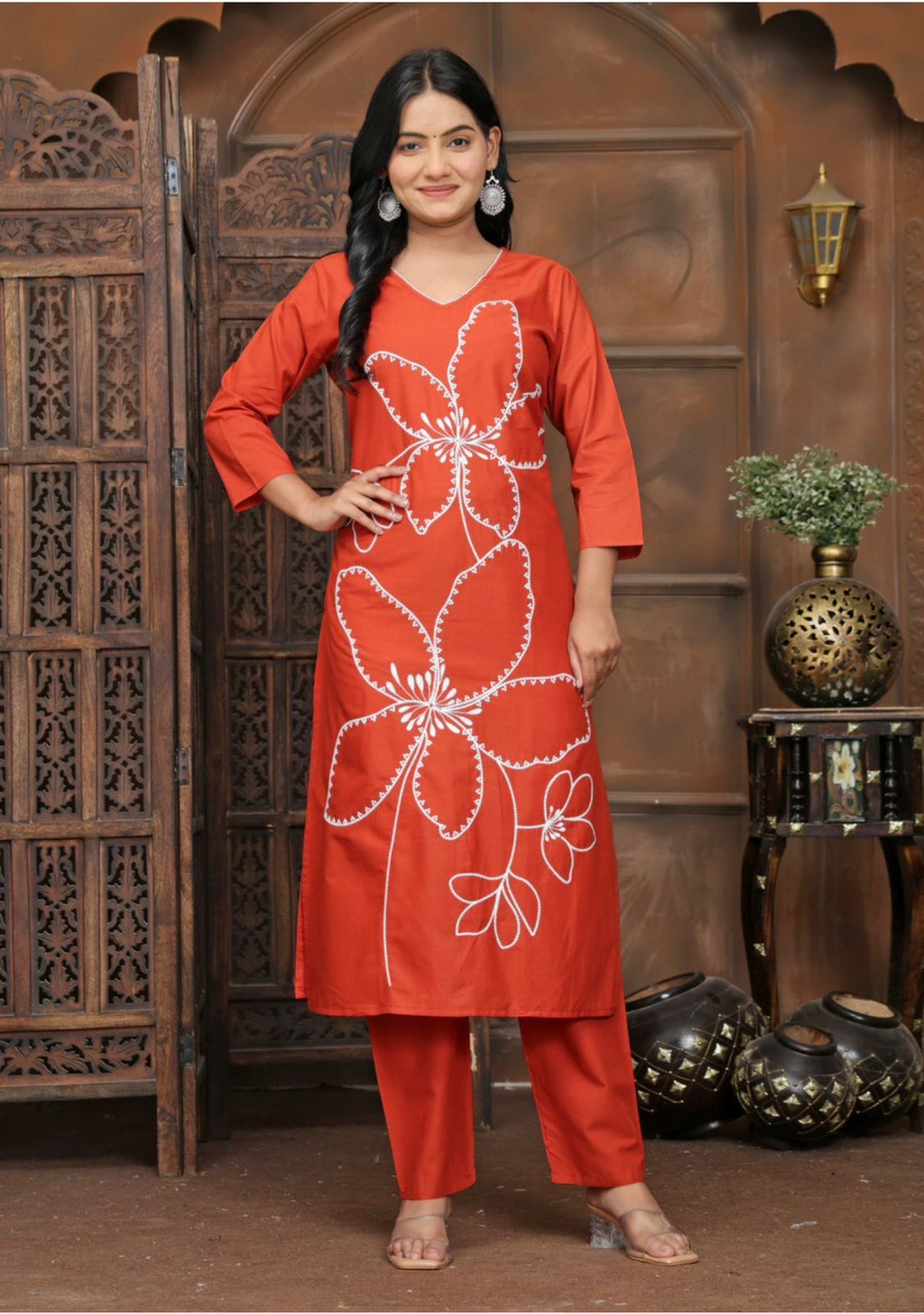 Rust Bloom Floral Kurta Pant Set for Women | Cotton Ethnic Wear