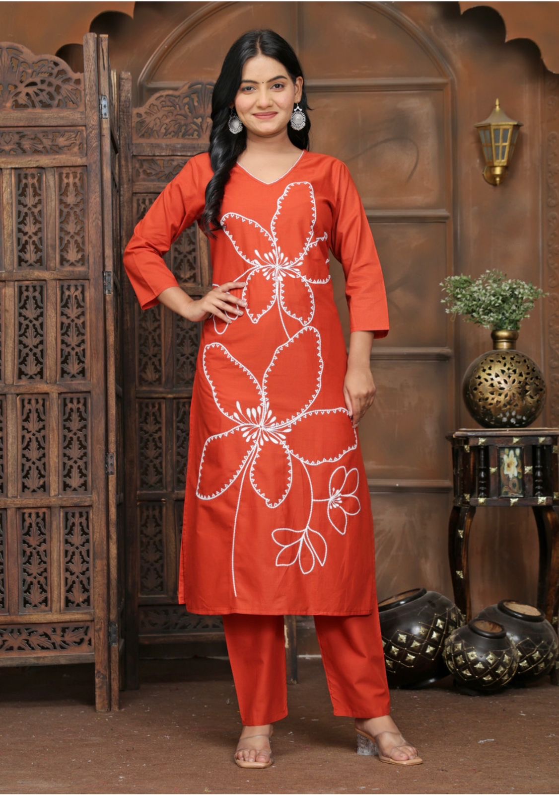 Rust Bloom Floral Kurta Pant Set for Women | Cotton Ethnic Wear