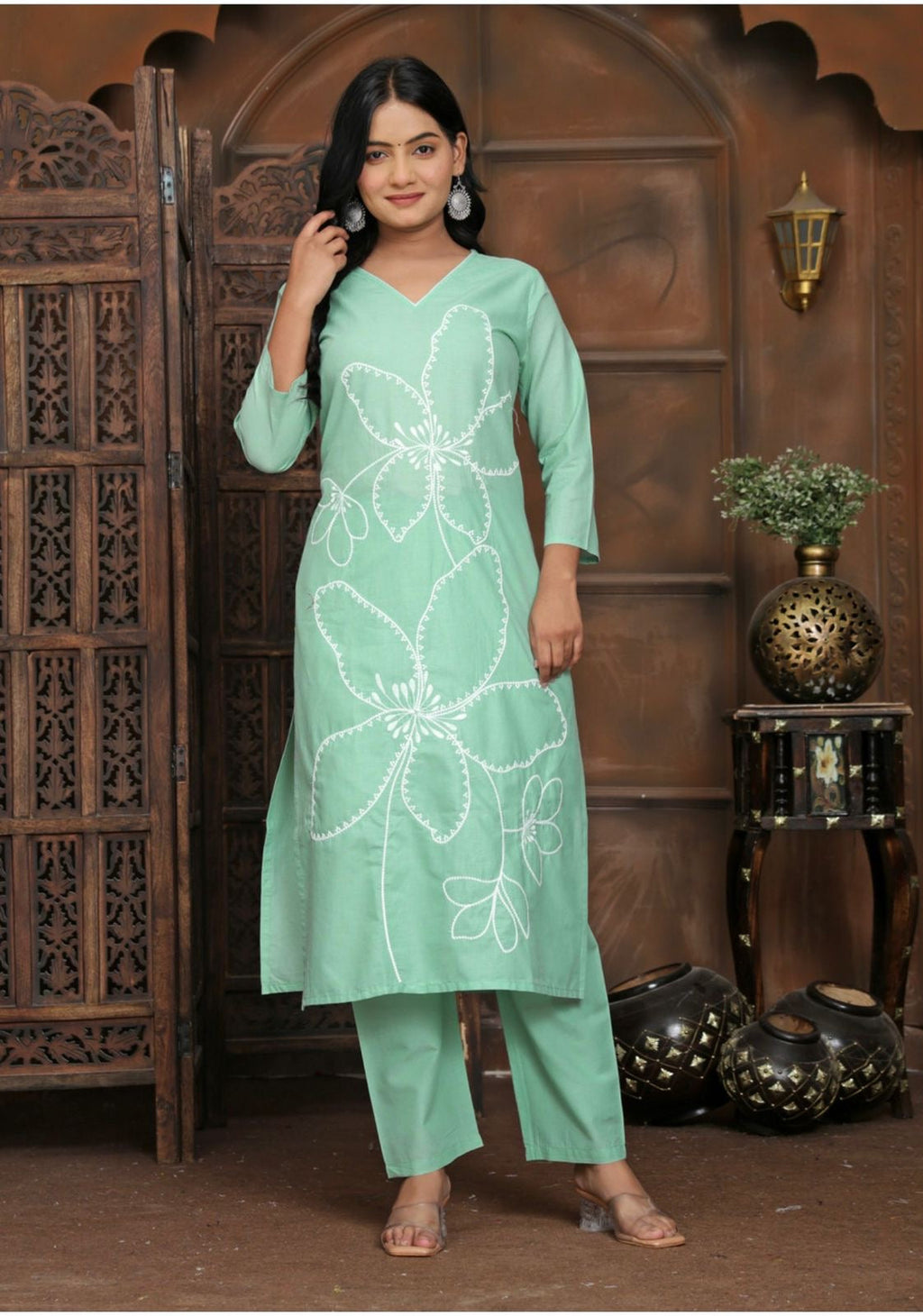 Mint Bloom Floral Kurta Pant Set for Women | Cotton Ethnic Wear