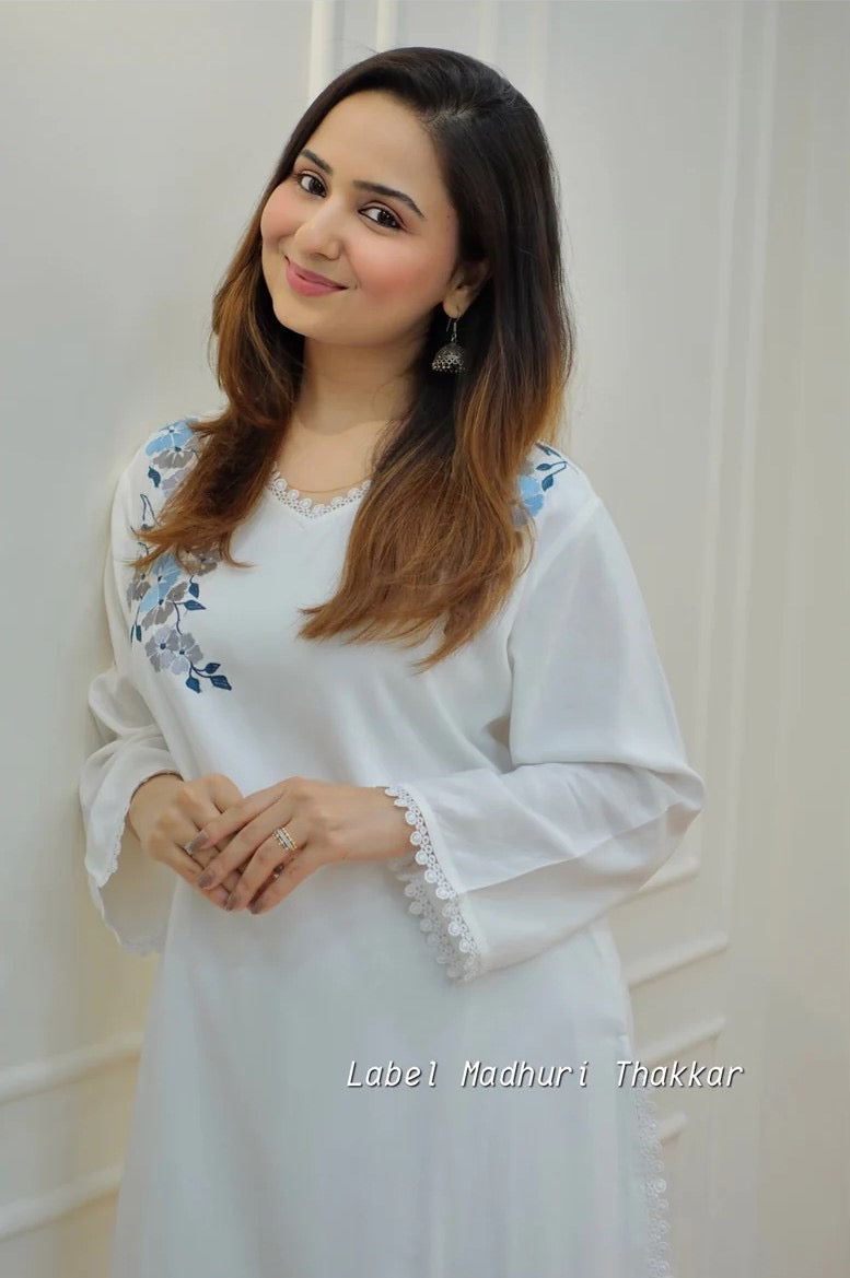 White Floral Embroidered Kurta for Women | Cotton Ethnic Wear