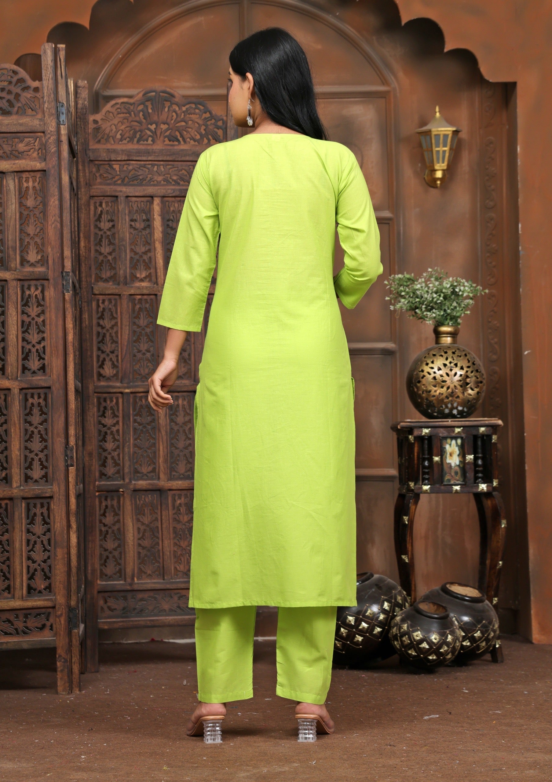 Lime Bloom Floral Kurta Pant Set for Women | Cotton Ethnic Wear