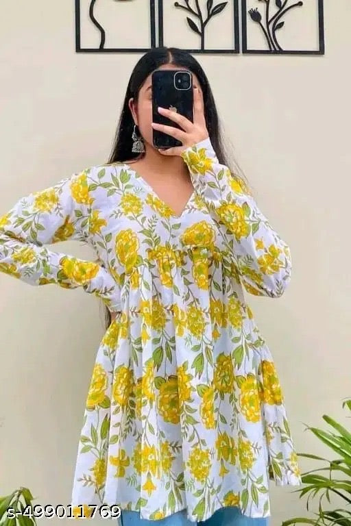 Women’s Yellow Floral Printed Flared Tunic Top | V-Neck Long Sleeve Casual Cotton Top