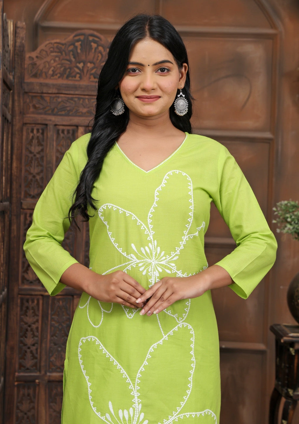 Lime Bloom Floral Kurta Pant Set for Women | Cotton Ethnic Wear