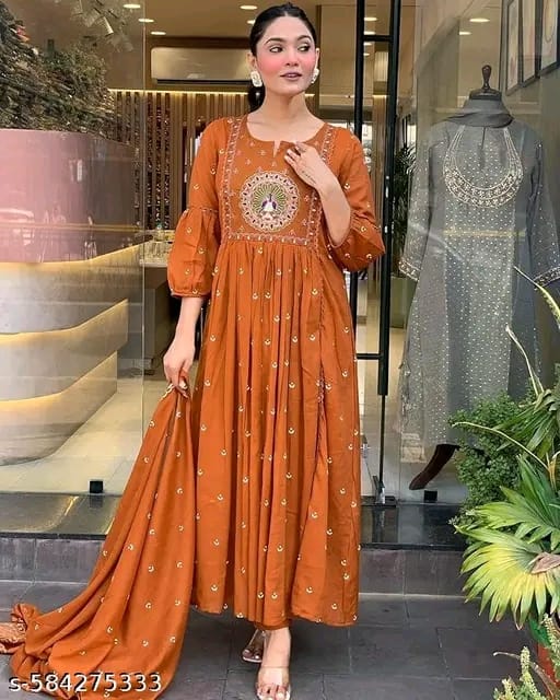 Rust Orange Embroidered Anarkali Kurti for Women | Festive & Ethnic Wear