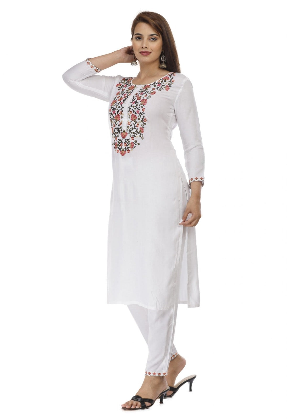 White Floral Embroidered Kurta Set for Women | Straight Kurta with Pants | Ethnic Wear