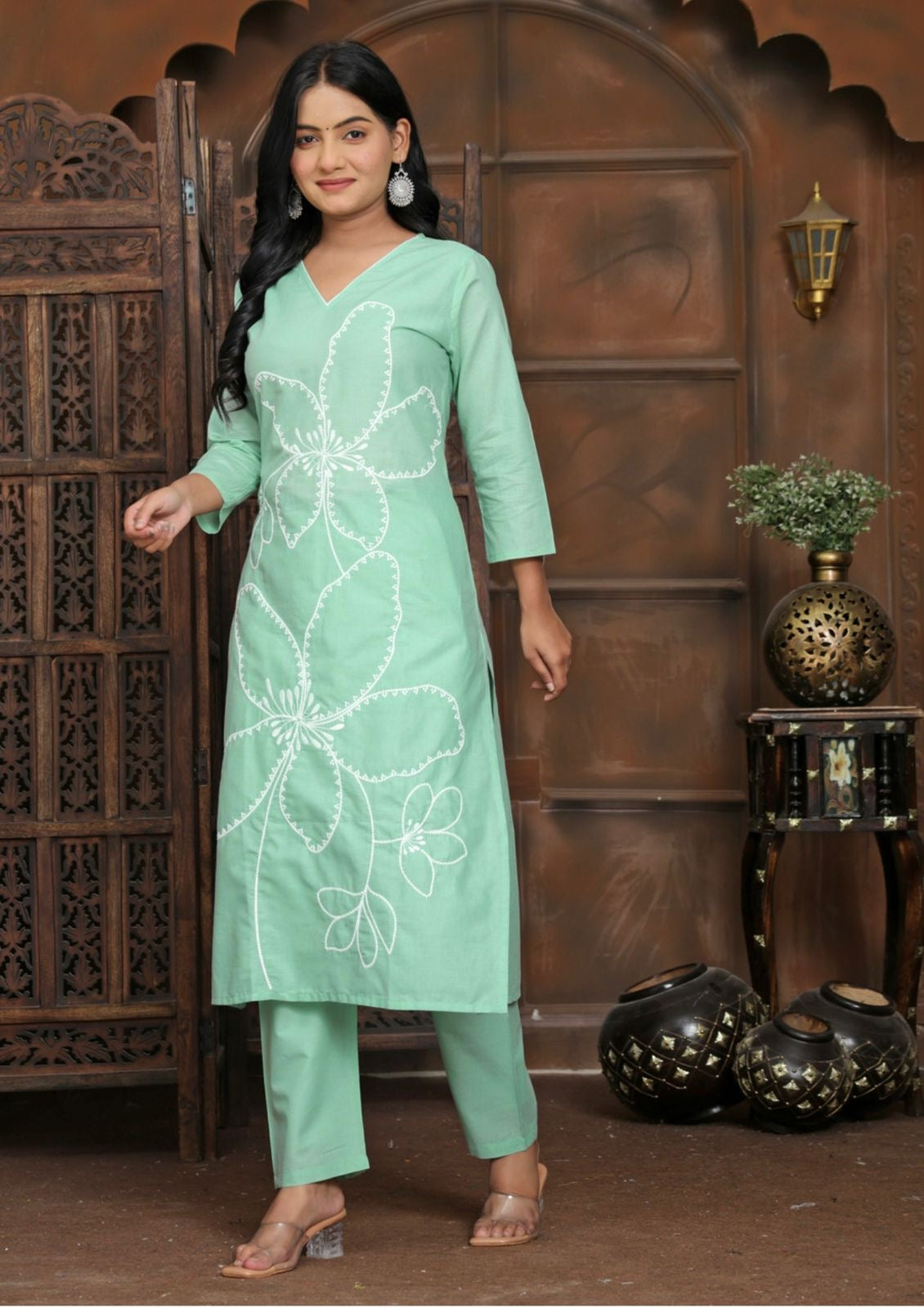 Mint Bloom Floral Kurta Pant Set for Women | Cotton Ethnic Wear