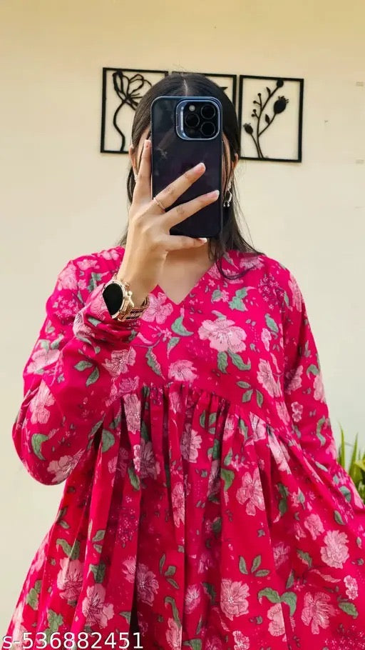 Women’s Pink Floral Printed Flared Tunic Top | V-Neck Long Sleeve Casual Wear Top