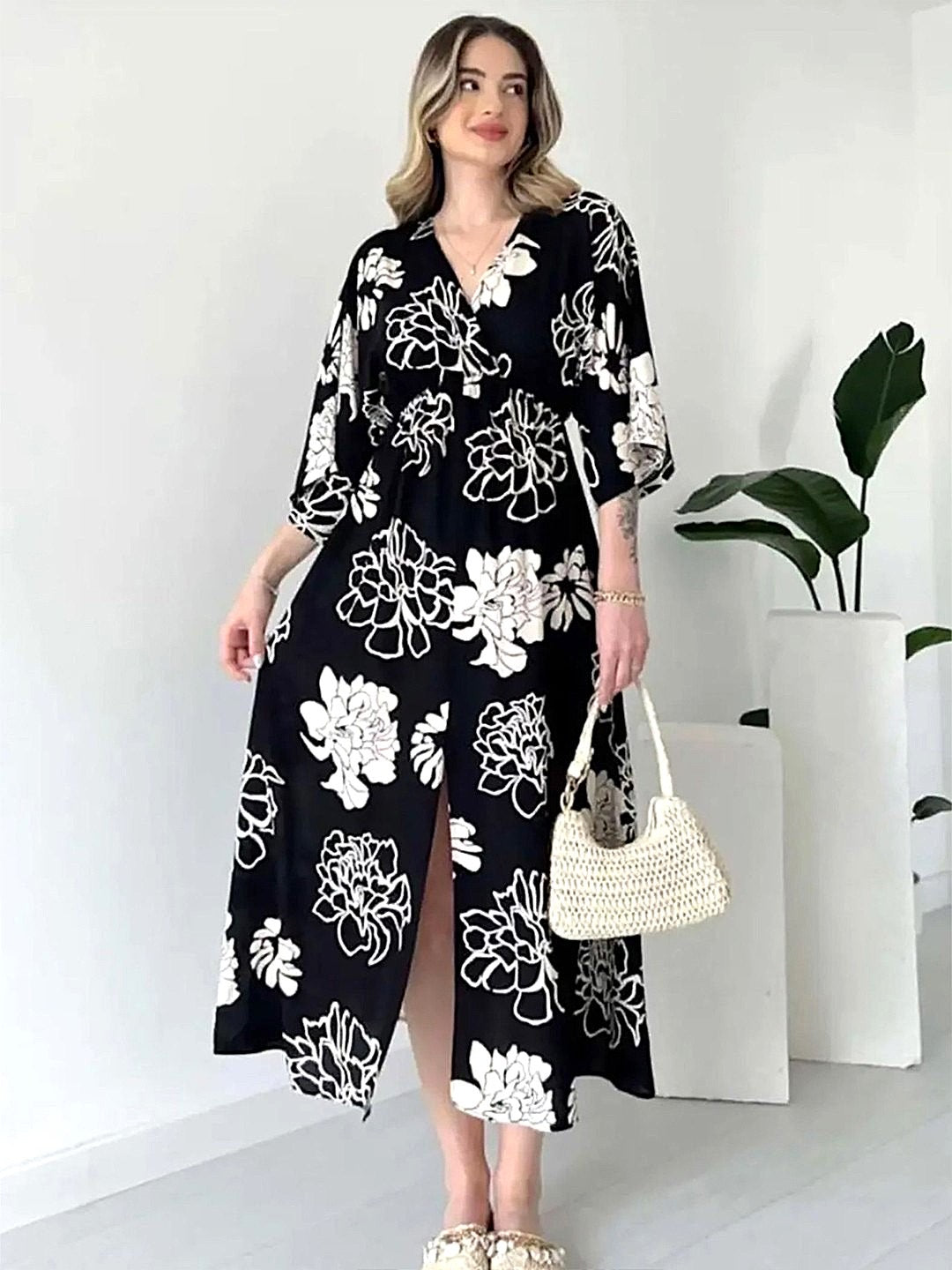 Black Floral Long Dress for Women | Elegant Party Wear