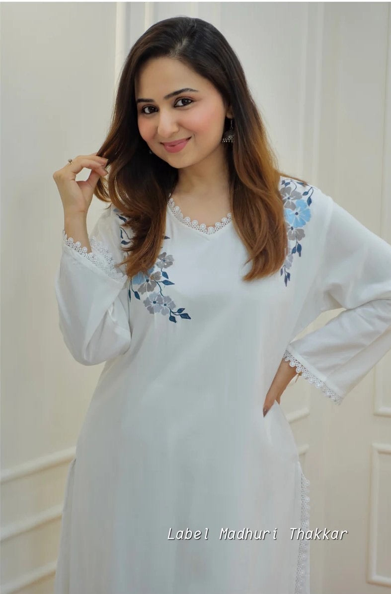 White Floral Embroidered Kurta for Women | Cotton Ethnic Wear